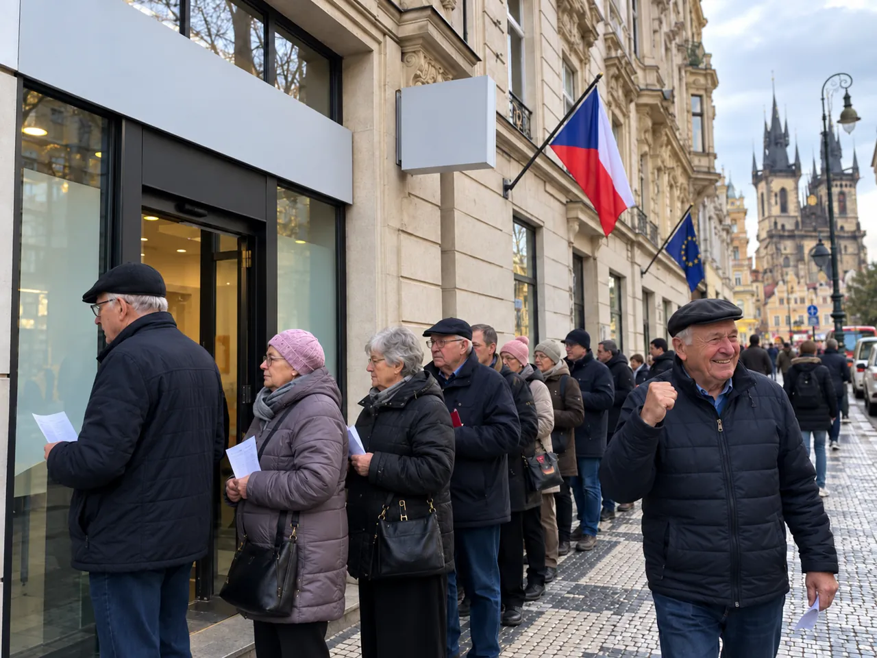 Lidé čekající u vstupu do budovy